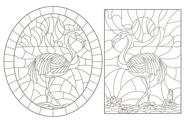 Establecer ilustraciones de contorno de vidrieras con flamencos en un estanque sobre un fondo cielo y sol, contornos oscuros sobre un fondo blanco — Archivo Imágenes Vectoriales