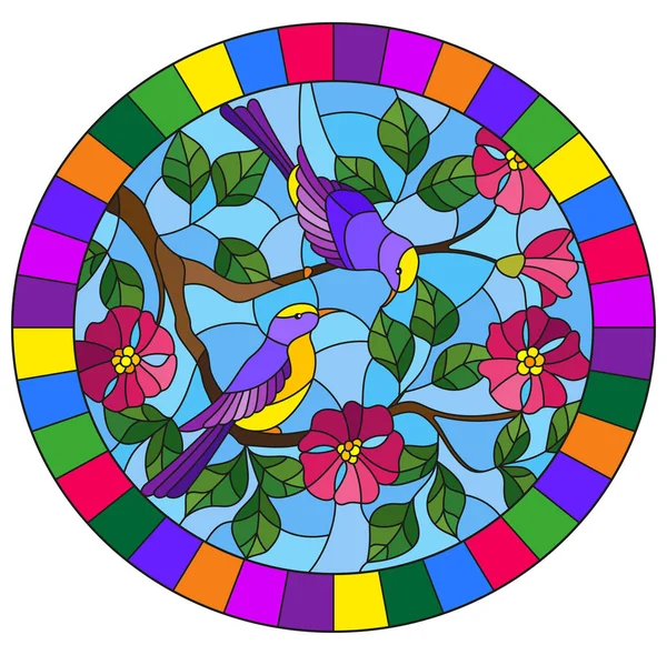 Ilustração no estilo de vidro manchado com dois dois pássaros brilhantes nos ramos da rosa selvagem florescente em um céu de fundo, imagem oval em quadro brilhante — Vetor de Stock