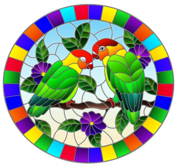 Ilustración en estilo vidriera con par de pájaros loros tortolitos en rama árbol con flores púrpura contra el cielo, imagen ovalada en marco brillante — Vector de stock