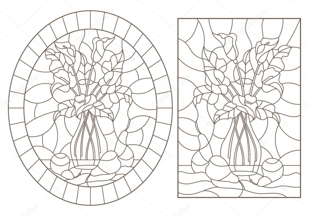 Set of contour illustrations of stained glass Windows with still lifes, bouquets of Callas and pears, dark contours on a white background