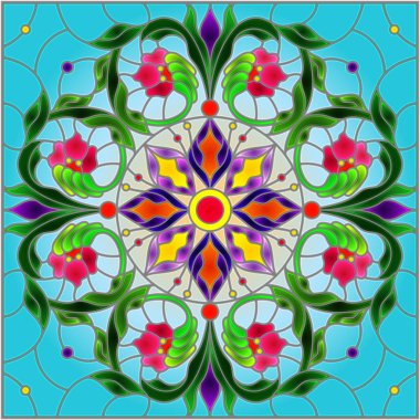 Vitray tarzı çiçek, soyut çiçek süslemeli çizimde bırakır ve mavi arka plan, kare görüntü bukleler