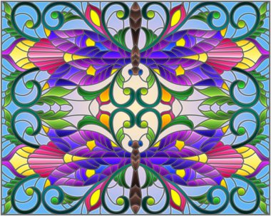 Vitray stil parlak dragonflys, çiçek ve yaprak, mavi bir arka plan üzerinde resimde