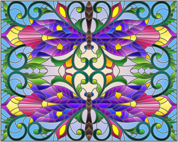 Illustration i målat glas stil med ljusa dragonflys, blommor och blad, på en blå bakgrund — Stock vektor