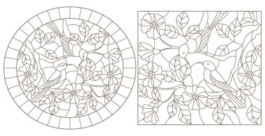 Vitray tarzı çiçekli bitki dalları beyaz zemin üzerine koyu kontür kuşlarda ile kontur resimler ayarla