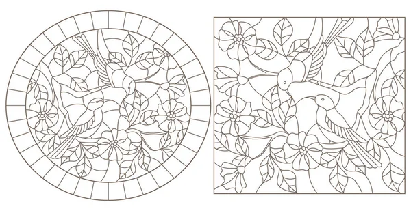 Nastavení obrysu ilustrací v vitráže stylu s ptáky na větvích kvetoucích rostlin, temné obrysy na bílém pozadí — Stockový vektor