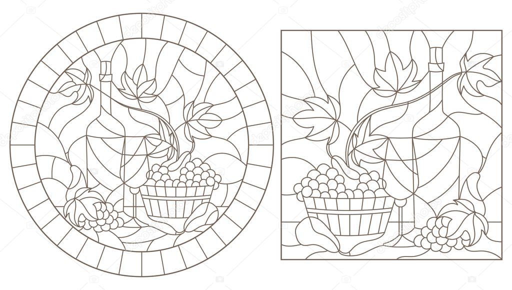 Set of contour illustrations in stained glass style with still lifes , a bottle of wine and fruit, dark contours on a white background