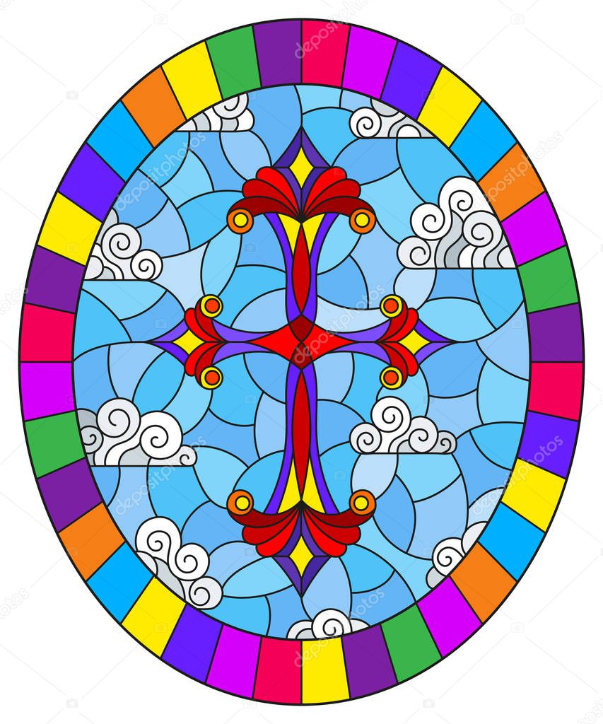 Illustration in stained glass style with bright cross on a background of blue sky and clouds,oval image in bright frame
