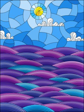 Güneşli gökyüzü ve bulutların arkaplanındaki soyut deniz dalgalarını boyayarak vitray tarzında resmetmek.