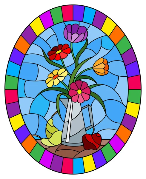 Illustration en style vitrail avec des bouquets de fleurs lumineuses dans une cruche en métal, poires et pommes sur table sur fond bleu, image ovale dans un cadre lumineux — Image vectorielle