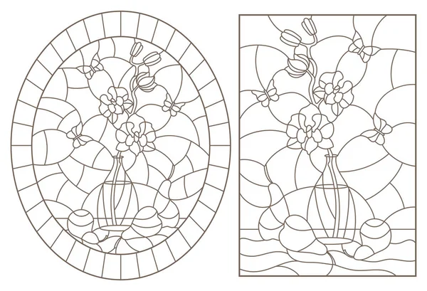 Un ensemble d'illustrations de contours en vitrail avec natures mortes, un bouquet d'orchidées et de fruits, des contours sombres sur fond blanc — Image vectorielle