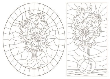 Vitray hala can, vazolar, buketleri kontur çizimleri bir dizi karanlık beyaz bir arka plan üzerinde kıvrımlarına.