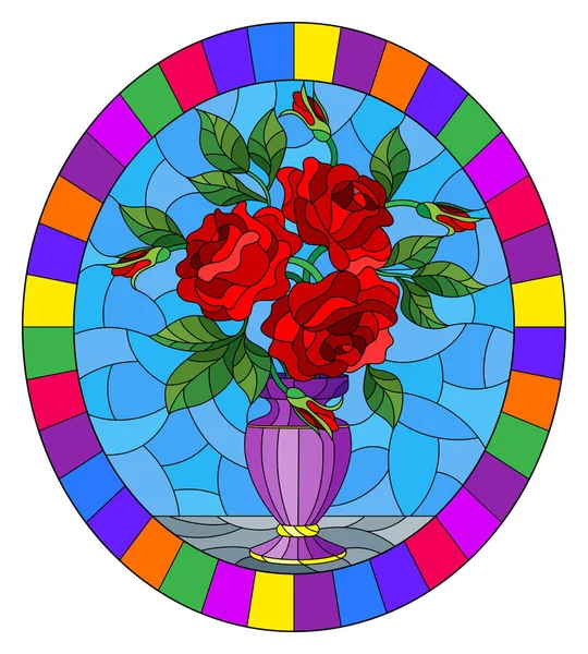 스테인드 글라스 스타일 꽃 정물화, 파란색 바탕에 자주색 꽃병, 밝은 프레임에 타원형 이미지에서 빨간 장미 꽃다발으로 그림 — 스톡 벡터