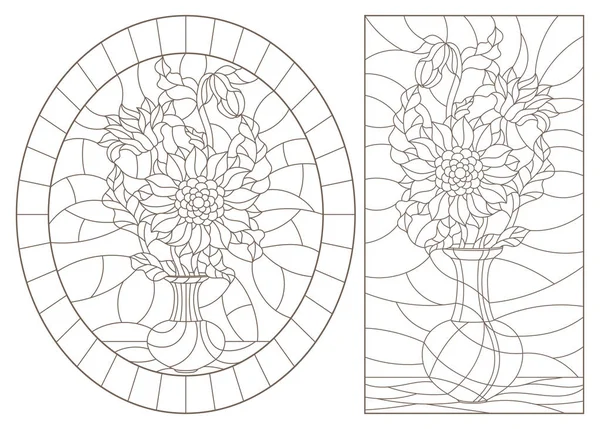 Una serie di illustrazioni di contorno di nature morte vetrate, mazzi di fiori in vasi, contorni scuri su sfondo bianco — Vettoriale Stock