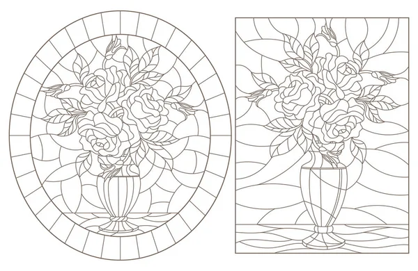 Un ensemble d'illustrations de contours de vitraux natures mortes, bouquets de roses dans des vases, contours sombres sur fond blanc — Image vectorielle