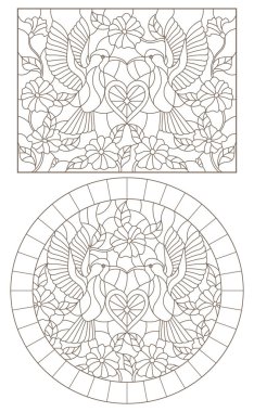 Sinek kuşu kuşlar, kalp çiçekler, beyaz bir arka plan üzerinde koyu konturlar ile Windows vitray kontur çizimleri bir dizi