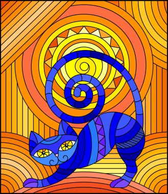 Vitray tarzı bir turuncu zemin üzerine mavi soyut geometrik kedi ile resimde