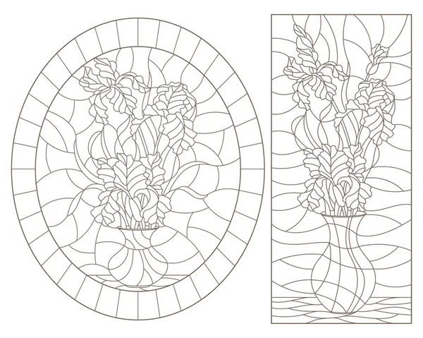 Un ensemble d'illustrations de contours de vitraux natures mortes, bouquets d'iris dans des vases, contours sombres sur fond blanc — Image vectorielle