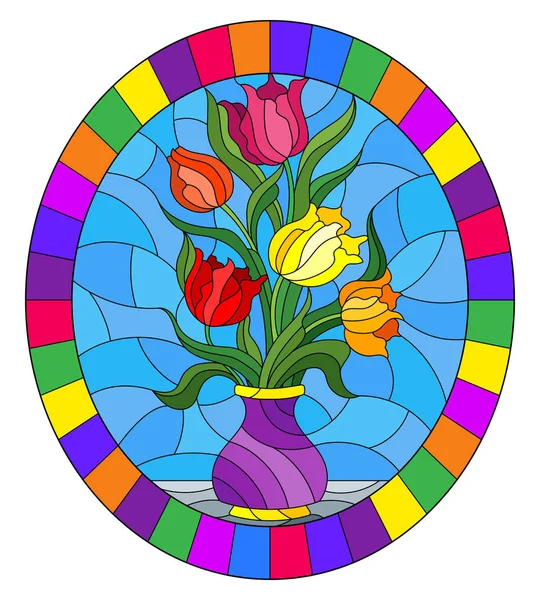 Illustratie in gebrandschilderd glas stijl met bloemen stilleven, kleurrijke boeket tulpen in een paarse vaas op een blauwe achtergrond, ovale image in helder frame — Stockvector