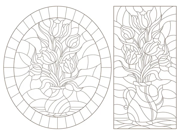 Un conjunto de ilustraciones de contorno de bodegones de vidrieras, ramos de tulipanes en jarrones, contornos oscuros sobre un fondo blanco — Vector de stock