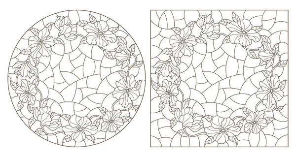 ステンド グラス窓中色、円形および長方形の画像、白い背景に暗い輪郭の輪郭のイラストのセット — ストックベクタ