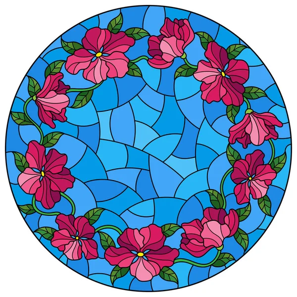 Illustration en vitrail avec des fleurs abstraites, des feuilles et des tourbillons, sur fond bleu — Image vectorielle