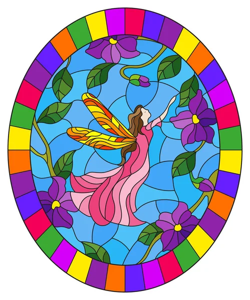 Ilustración en estilo vitral con un hada alada en el cielo, flores moradas y vegetación, imagen ovalada en marco brillante — Vector de stock