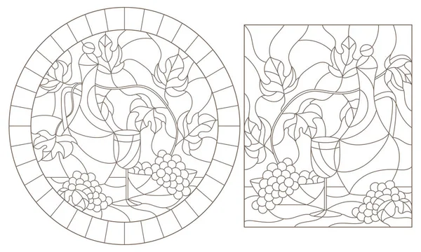 Conjunto de ilustraciones de contorno de vidrieras con naturalezas muertas, jarra y fruta, contornos oscuros sobre un fondo blanco — Vector de stock