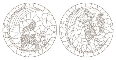 Yıldız gökyüzü, beyaz bir arka planda koyu konturlar karşı ayda karikatür kedi ile vitray Windows kontur illüstrasyonları seti