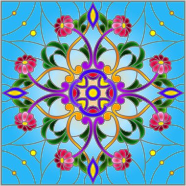 Vitray tarzı çiçek, soyut çiçek süslemeli çizimde bırakır ve mavi arka plan, kare görüntü bukleler
