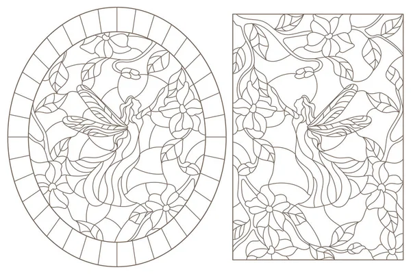 Un conjunto de ilustraciones de contorno de vidrieras con hadas sobre un fondo de colores, contornos oscuros sobre un fondo blanco — Vector de stock