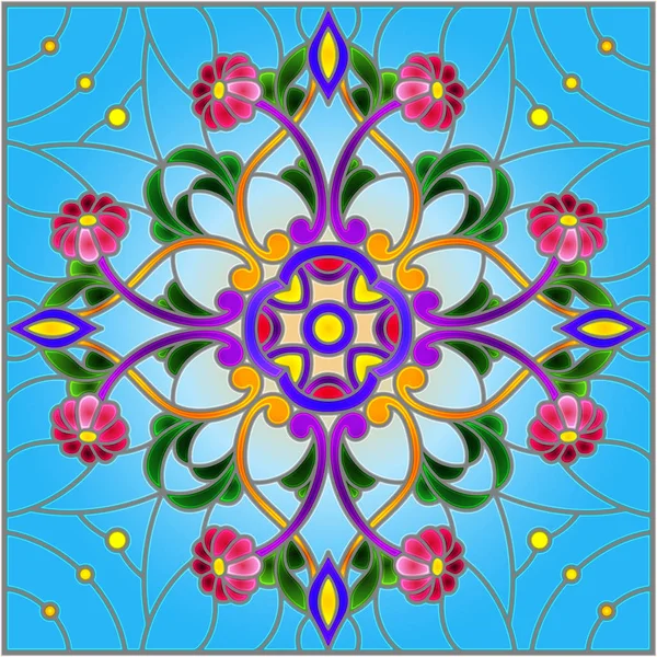 Vitray tarzı çiçek, soyut çiçek süslemeli çizimde bırakır ve mavi arka plan, kare görüntü bukleler — Stok Vektör