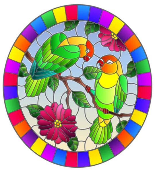 Ilustrace v vitráže stylu s pár ptáků papoušci hrdličky na větev stromu s růžovými květy proti obloze, oválný obraz v hledáčku — Stockový vektor