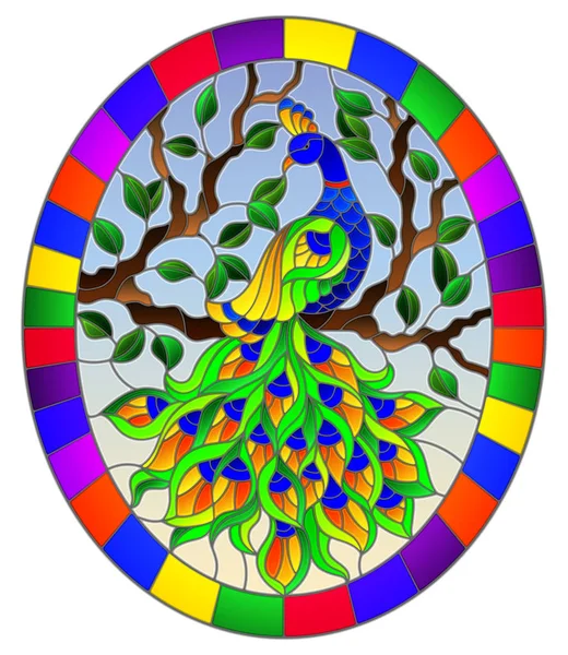 Illustration En Vitrail Style Oiseau Paon Arbre Branches Et