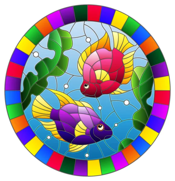 Illustration in stained glass style with a pair bright fishes on the background of water and algae,oval picture in a bright frame — Stock Vector