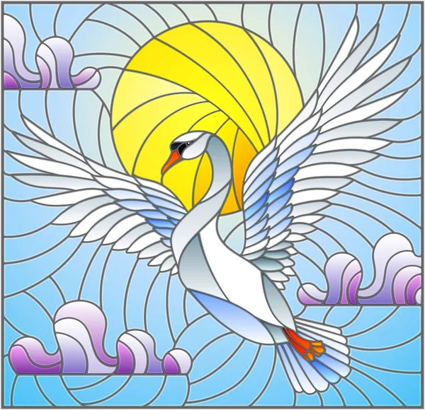 Ilustração em estilo vitral com branco voador Cisne no fundo do céu azul, sol e nuvens —  Vetores de Stock