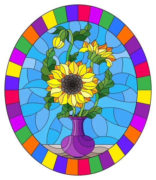 Illustratie in glas in lood stijl met bloemen stilleven, een boeket van zonnebloemen in een paarse vaas op een blauwe achtergrond,, ovaal beeld in een helder kader — Stockvector