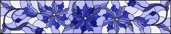 Illustration im Glasmalereistil mit Blüten, Blättern und Blütenknospen, symmetrisches Bild, horizontal, Orientierung, Ton blau — Stockvektor