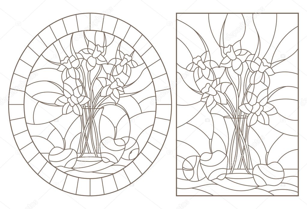 A set of contour illustrations of stained glass Windows with still lifes, bouquets of daffodils and fruits, dark contours on a white background