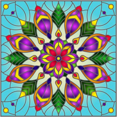 Vitray tarzı çiçek, soyut çiçek süslemeli çizimde bırakır ve mavi arka plan, kare görüntü bukleler