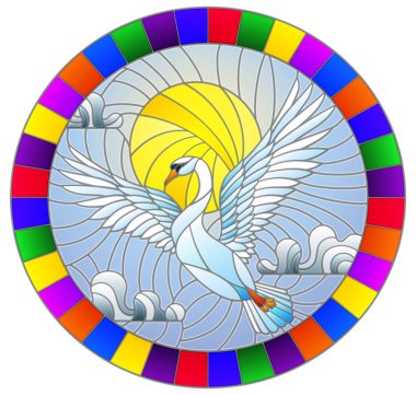 Vitray tarzı resim arka planda uçan beyaz kuğu ile illüstrasyon parlak çerçeve oval görüntüsünü gökyüzü, güneş ve bulutlar,