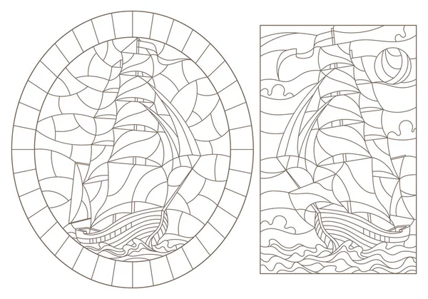Uppsättning av kontur illustrationer med segelfartyg, mörka konturer på vit bakgrund — Stock vektor