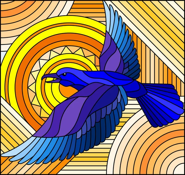 Illustration im Glasmalereistil mit abstrakten geometrischen blauen Vogel auf orangefarbenem Hintergrund — Stockvektor