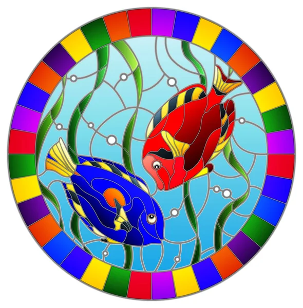 Illustration in stained glass style with a pair bright fishes on the background of water and algae,oval picture in a bright frame — Stock Vector