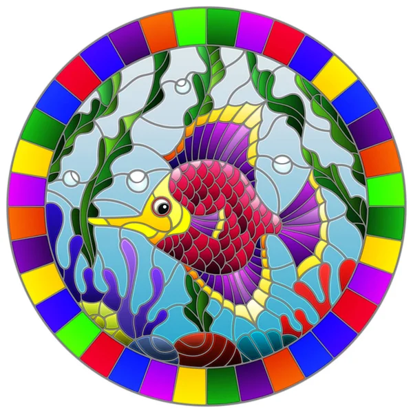 Ilustración en estilo vitral con un par de peces de color rosa brillante en el fondo de agua y algas, imagen ovalada en un marco brillante — Vector de stock