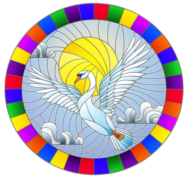 La ilustración en pintura de estilo vidriera con un cisne blanco volador en el fondo del cielo, el sol y las nubes, la imagen ovalada del marco brillante — Archivo Imágenes Vectoriales