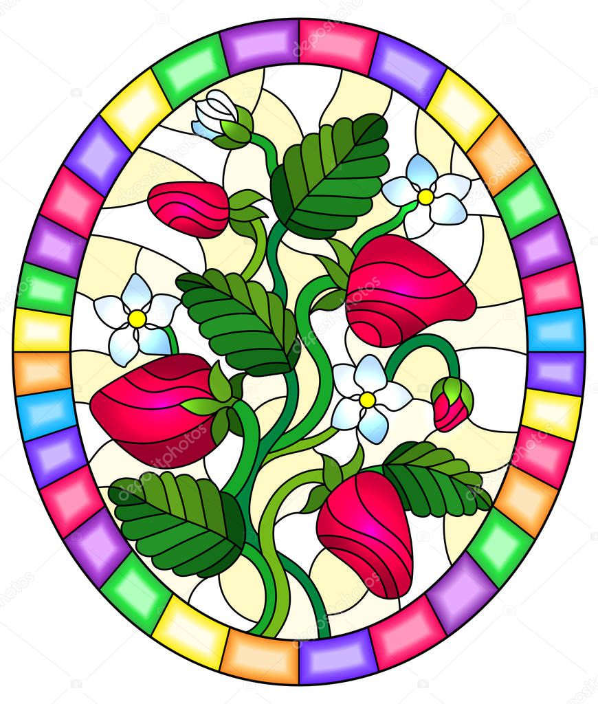 Stained glass illustration with berries, leaves and strawberry flowers on yellow background, oval picture in bright frame