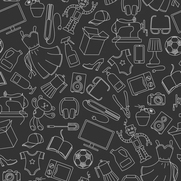 Çeşitli ürün ve alışverişlerde dikişsiz desen, basit satın alma simgeleri, koyu arka plandaki Açık konturlar