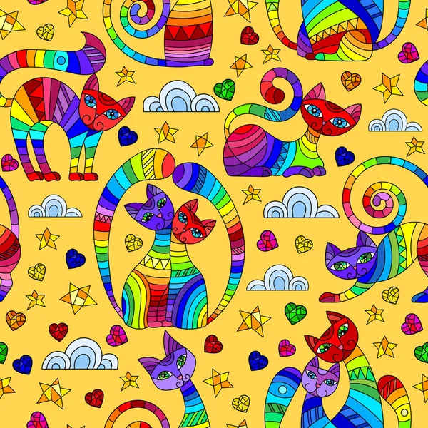 Patrón sin costuras con brillantes gatos abstractos, estrellas y corazones, dibujos a color sobre fondo amarillo — Vector de stock