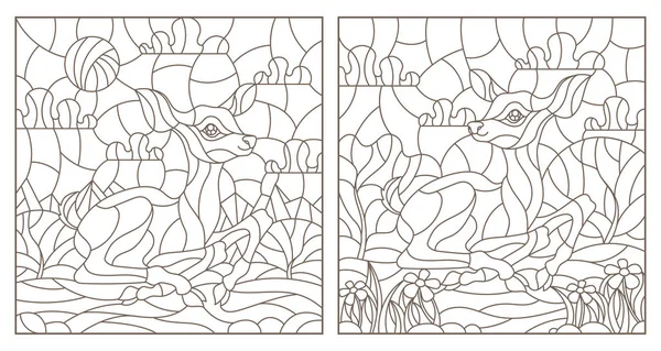 Set de ilustrații de contur de vitralii cu fawns pe fundalul peisajelor, contururi întunecate pe un backgroun alb — Vector de stoc