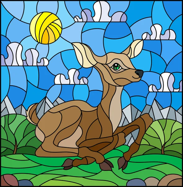 Illustration im Glasmalereistil mit einem Rehkitz vor dem Hintergrund grüner Wiesen, Berge und bewölkten Himmels — Stockvektor